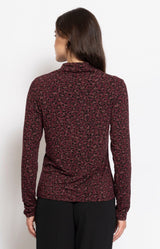 Bordeaux leopard print skivvy top with a slim fit silhouette, soft stretch fabric and elegant roll neckline for effortless layering – Volange Paris, Parisian fashion in Sydney (Mosman, Paddington and Bronte) or Australia-wide online.