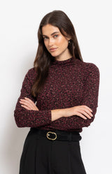 Bordeaux leopard print skivvy top with a slim fit silhouette, soft stretch fabric and elegant roll neckline for effortless layering – Volange Paris, Parisian fashion in Sydney (Mosman, Paddington and Bronte) or Australia-wide online.