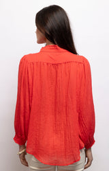 Bright red blouse in lightweight cotton voile with a delicate ruffled collar, shirred cuffs and relaxed fit – Volange Paris, Parisian fashion in Sydney (Mosman, Paddington and Bronte) or Australia-wide online.