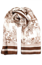 Brown satin toile scarf with monochrome print and soft drape – Parisian elegance by Volange Paris, French fashion accessories in Sydney (Mosman, Paddington and Bronte) or Australia-wide online.