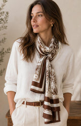 Brown satin toile scarf with monochrome print and soft drape – Parisian elegance by Volange Paris, French fashion accessories in Sydney (Mosman, Paddington and Bronte) or Australia-wide online.