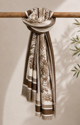 Brown and cream toile print scarf with soft lightweight texture, Parisian elegance by Volange Paris, French fashion in Sydney.