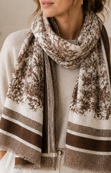 Brown and cream toile print scarf with soft lightweight texture, Parisian elegance by Volange Paris, French fashion in Sydney.