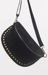 Charlotte suede black bumbag with antique gold-tone studs and adjustable strap – Volange Paris, Parisian fashion in Sydney (Mosman, Paddington and Bronte) or Australia-wide online.
