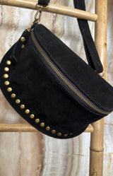 Charlotte suede black bumbag with antique gold-tone studs and adjustable strap – Volange Paris, Parisian fashion in Sydney (Mosman, Paddington and Bronte) or Australia-wide online.
