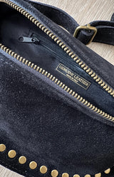 Charlotte suede black bumbag with antique gold-tone studs and adjustable strap – Volange Paris, Parisian fashion in Sydney (Mosman, Paddington and Bronte) or Australia-wide online.
