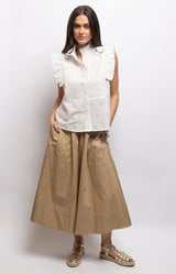 Camel cotton midi skirt with a full A-line silhouette, gathered waist, elasticated back and side pockets – Volange Paris, Parisian fashion in Sydney (Mosman, Paddington and Bronte) or Australia-wide online.
