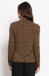 Camel leopard print skivvy top with a slim fit silhouette, soft stretch fabric and elegant roll neckline for effortless layering – Volange Paris, Parisian fashion in Sydney (Mosman, Paddington and Bronte) or Australia-wide online.
