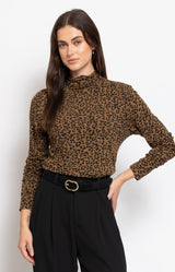 Camel leopard print skivvy top with a slim fit silhouette, soft stretch fabric and elegant roll neckline for effortless layering – Volange Paris, Parisian fashion in Sydney (Mosman, Paddington and Bronte) or Australia-wide online.