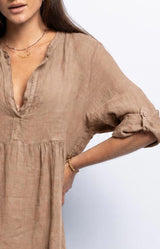 Camel linen dress with a button-down front and adjustable roll-up sleeves – Volange Paris, Parisian fashion in Sydney (Mosman, Paddington and Bronte) or Australia-wide online.