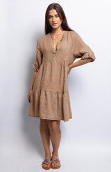 Camel linen dress with a button-down front and adjustable roll-up sleeves – Volange Paris, Parisian fashion in Sydney (Mosman, Paddington and Bronte) or Australia-wide online.