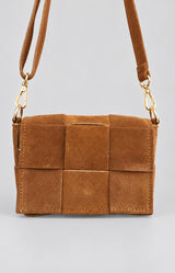 Camel suede mini crossbody bag in soft Italian leather with a woven design, gold-tone hardware and adjustable strap – Volange Paris, Parisian fashion in Sydney (Mosman, Paddington and Bronte) or Australia-wide online.