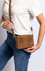 Camel suede mini crossbody bag in soft Italian leather with a woven design, gold-tone hardware and adjustable strap – Volange Paris, Parisian fashion in Sydney (Mosman, Paddington and Bronte) or Australia-wide online.