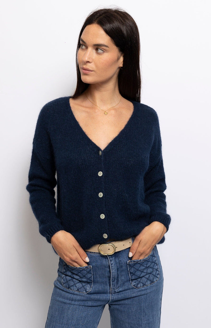 Navy V-neck slouchy cardigan in a mohair blend, relaxed – Parisian fashion by Volange Paris.