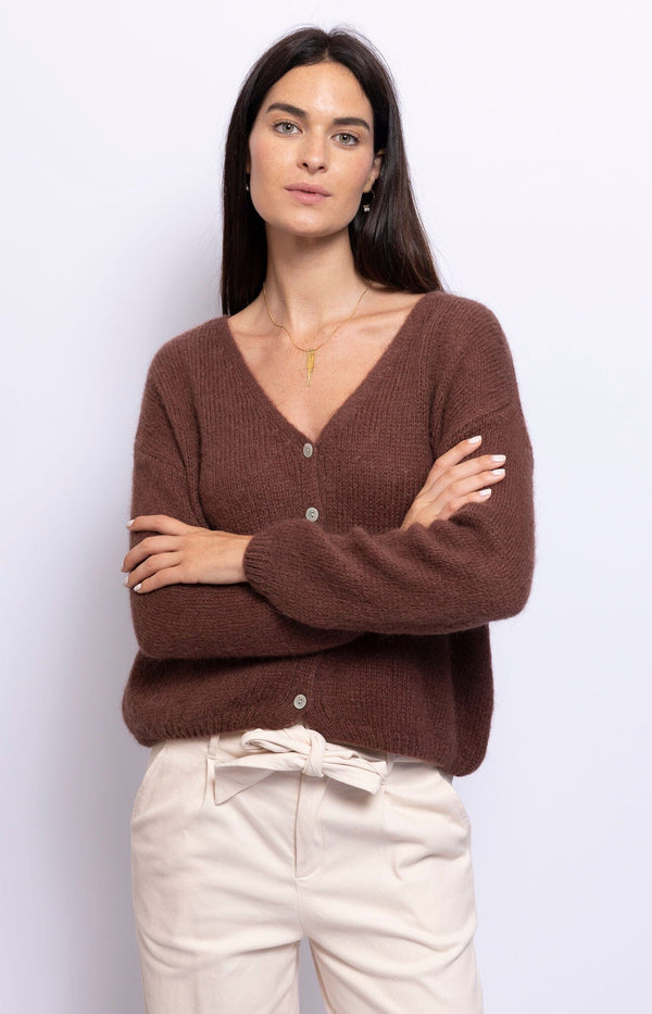 Rust-coloured mohair and alpaca blend cardigan with a relaxed slouchy fit – cozy French fashion layering by Volange Paris.