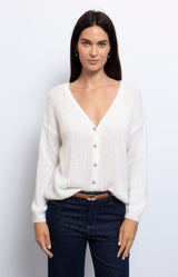 White V-neck slouchy cardigan in a light mohair blend, easy to layer elegant – Parisian fashion from Volange Paris.