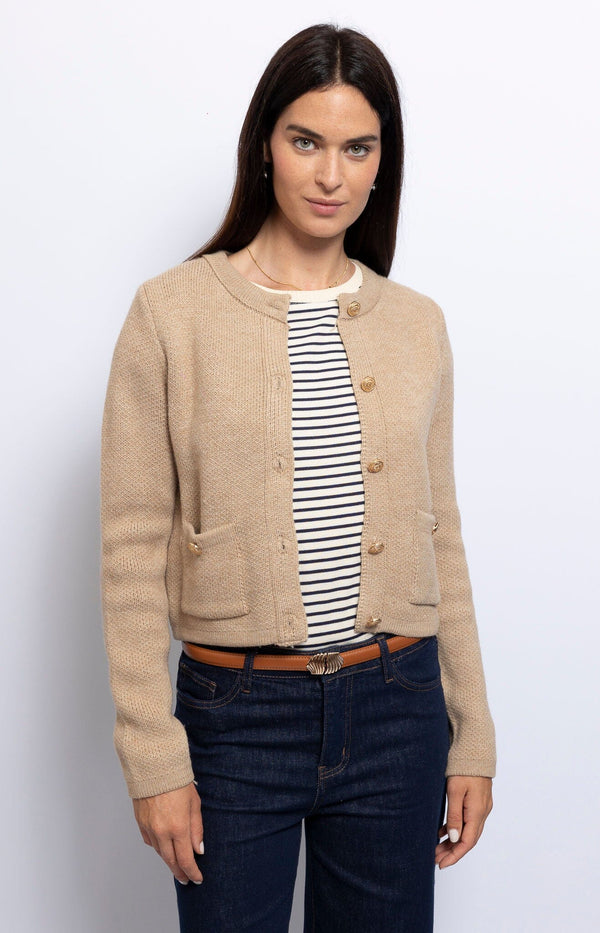 Beige cardigan with a wool and acrylic blend, with gold buttons offering a lightweight and cozy layer for effortless style – French fashion by Volange Paris.
