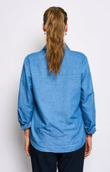 Soft chambray cotton shirt with hidden red "Amour toujours" embroidery and a classic fit – Volange Paris, Parisian fashion in Sydney (Mosman, Paddington and Bronte) or Australia-wide online.