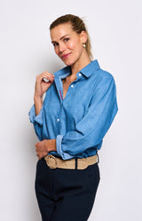 Soft chambray cotton shirt with hidden red "Amour toujours" embroidery and a classic fit – Volange Paris, Parisian fashion in Sydney (Mosman, Paddington and Bronte) or Australia-wide online.