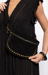 Charlotte suede black bumbag with antique gold-tone studs and adjustable strap – Volange Paris, Parisian fashion in Sydney (Mosman, Paddington and Bronte) or Australia-wide online.
