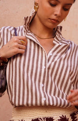 Chocolate and cream striped blouse with stand collar and button front – Volange Paris, Parisian fashion in Sydney (Mosman, Paddington and Bronte) or Australia-wide online.
