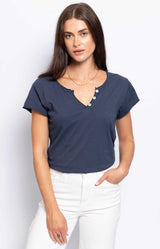 Classic navy cotton Tunisien T-shirt with V-neck and three-button detail – Volange Paris, Parisian fashion in Sydney (Mosman, Paddington and Bronte) or Australia-wide online.