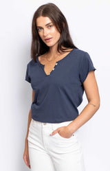 Classic navy cotton Tunisien T-shirt with V-neck and three-button detail – Volange Paris, Parisian fashion in Sydney (Mosman, Paddington and Bronte) or Australia-wide online.