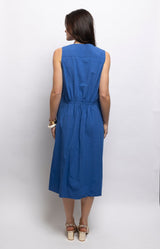 Cobalt blue cotton midi dress with a flattering wrap-style V-neck, defined waist, A-line skirt and side pockets – Volange Paris, Parisian fashion in Sydney (Mosman, Paddington and Bronte) or Australia-wide online.