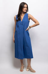 Cobalt blue cotton midi dress with a flattering wrap-style V-neck, defined waist, A-line skirt and side pockets – Volange Paris, Parisian fashion in Sydney (Mosman, Paddington and Bronte) or Australia-wide online.
