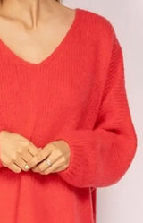Coral mohair blend V-neck jumper with a soft relaxed fit – Volange Paris, Parisian fashion in Sydney (Mosman, Paddington and Bronte) or Australia-wide online.