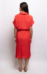 Coral red midi shirt dress with a relaxed fit, classic collar and removable tie belt for an effortless feminine look – Volange Paris, Parisian fashion in Sydney (Mosman, Paddington and Bronte) or Australia-wide online.