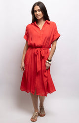 Coral red midi shirt dress with a relaxed fit, classic collar and removable tie belt for an effortless feminine look – Volange Paris, Parisian fashion in Sydney (Mosman, Paddington and Bronte) or Australia-wide online.