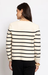 Cream and black striped knit cardigan with gold-tone buttons and a timeless Breton-inspired design for effortless Parisian style – Volange Paris, Parisian fashion in Sydney (Mosman, Paddington and Bronte) or Australia-wide online.
