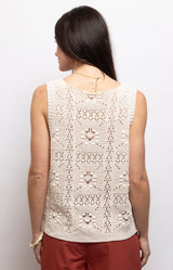 Cream crochet knit top with intricate openwork detailing, a square neckline, wide straps and a relaxed fit. Cotton blend – Volange Paris, Parisian fashion in Sydney (Mosman, Paddington and Bronte) or Australia-wide online.