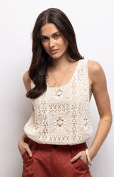 Cream crochet knit top with intricate openwork detailing, a square neckline, wide straps and a relaxed fit. Cotton blend – Volange Paris, Parisian fashion in Sydney (Mosman, Paddington and Bronte) or Australia-wide online.