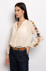 Cream cotton blouse with floral embroidered sleeves – Volange Paris, Parisian fashion in Sydney (Mosman, Paddington and Bronte) or Australia-wide online.