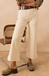 Beige wide leg stretch jeans with a flattering high-rise fit – Volange Paris, Parisian fashion in Sydney (Mosman, Paddington and Bronte) or Australia-wide online.
