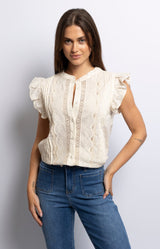 Cream lace cotton blouse with ruffled sleeves and pintuck details – Elegant French fashion by Volange Paris