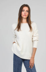 Cream soft knit jumper with relaxed fit and side split detail in a light fluffy knit, wardrobe essential French fashion by Volange Paris, Sydney French fashion.