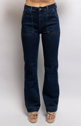Dark denim high-rise jeans with a straight-leg fit, front patch pockets and comfortable stretch – Volange Paris, Parisian fashion in Sydney (Mosman, Paddington and Bronte) or Australia-wide online.