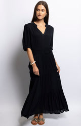 Dark navy long summer dress with v-neck, pleated waist and tiered skirt – Parisian style by Volange Paris.