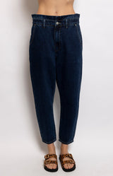 Dark wash barrel-leg jeans with an elasticated waistband and relaxed modern silhouette for effortless everyday dressing – Volange Paris, Parisian fashion in Sydney (Mosman, Paddington and Bronte) or Australia-wide online.