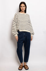 Dark wash barrel-leg jeans with an elasticated waistband and relaxed modern silhouette for effortless everyday dressing – Volange Paris, Parisian fashion in Sydney (Mosman, Paddington and Bronte) or Australia-wide online.