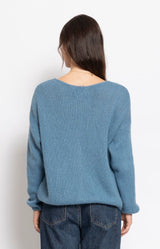 Blue Denim fluffy mohair blend cardigan with button front – Volange Paris, Parisian fashion in Sydney (Mosman, Paddington and Bronte) or Australia-wide online.