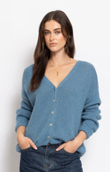 Blue Denim fluffy mohair blend cardigan with button front – Volange Paris, Parisian fashion in Sydney (Mosman, Paddington and Bronte) or Australia-wide online.