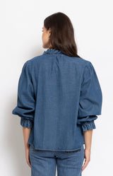 Soft denim blouse with ruffle neckline and voluminous sleeves – Volange Paris, Parisian fashion in Sydney (Mosman, Paddington and Bronte) or Australia-wide online.