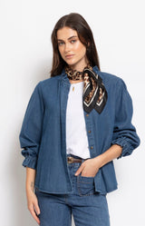 Soft denim blouse with ruffle neckline and voluminous sleeves – Volange Paris, Parisian fashion in Sydney (Mosman, Paddington and Bronte) or Australia-wide online.