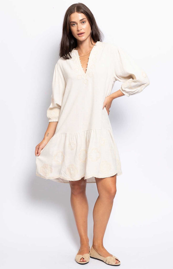 Embroidered ivory dress with a boho silhouette three-quarter sleeves, feminine  – French fashion from Volange Paris.