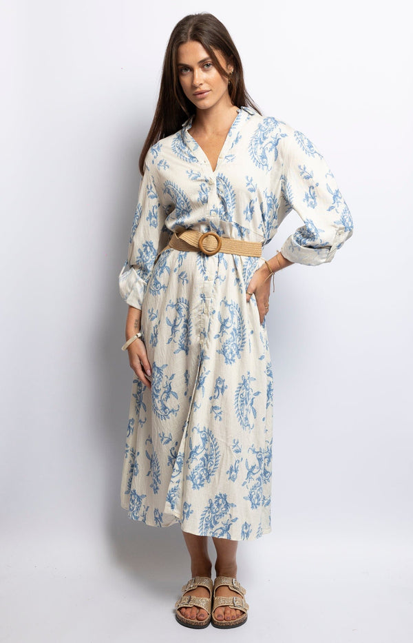 Blue floral print midi dress with V-neck, long sleeves, button front, and belted waist – French Fashion by Volange Sydney