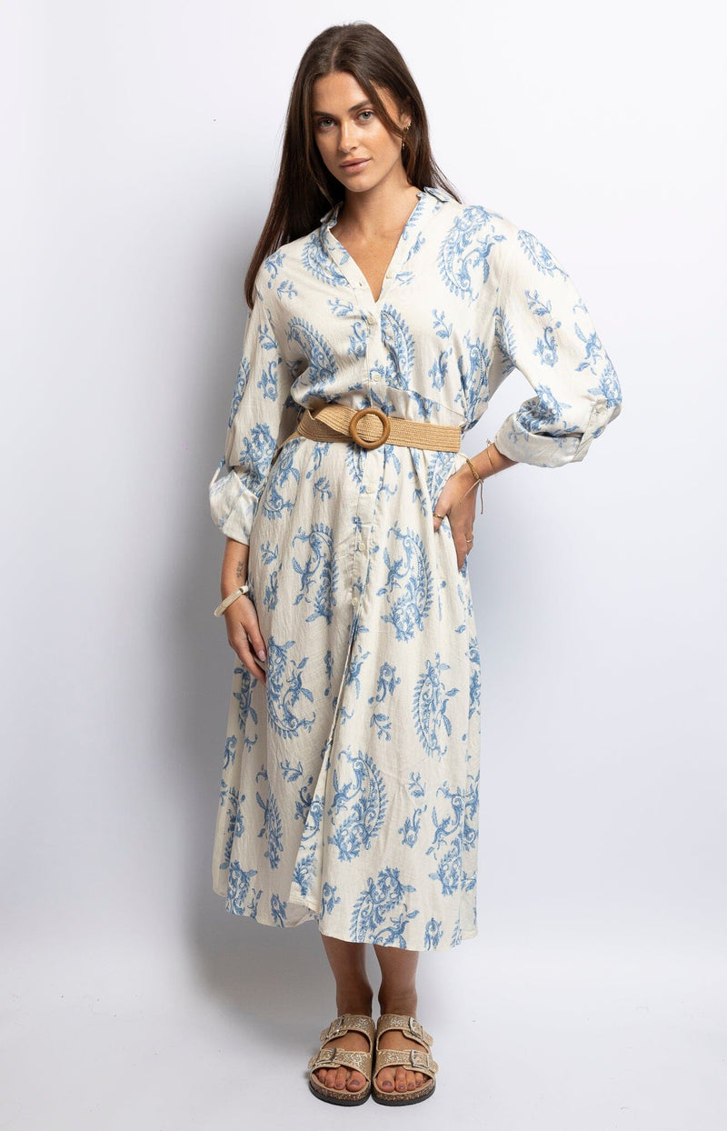 Blue floral print midi dress with V-neck, long sleeves, button front, and belted waist – French Fashion by Volange Sydney